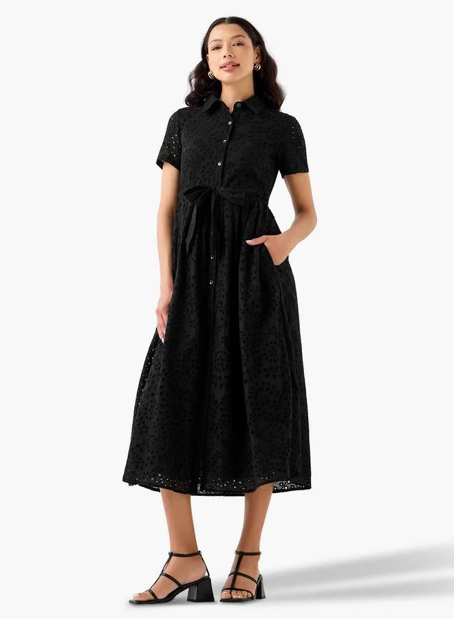 2Xtremz 2Xtremz Belted Midi Cotton Shirt Dress with Schiffli Embroidery